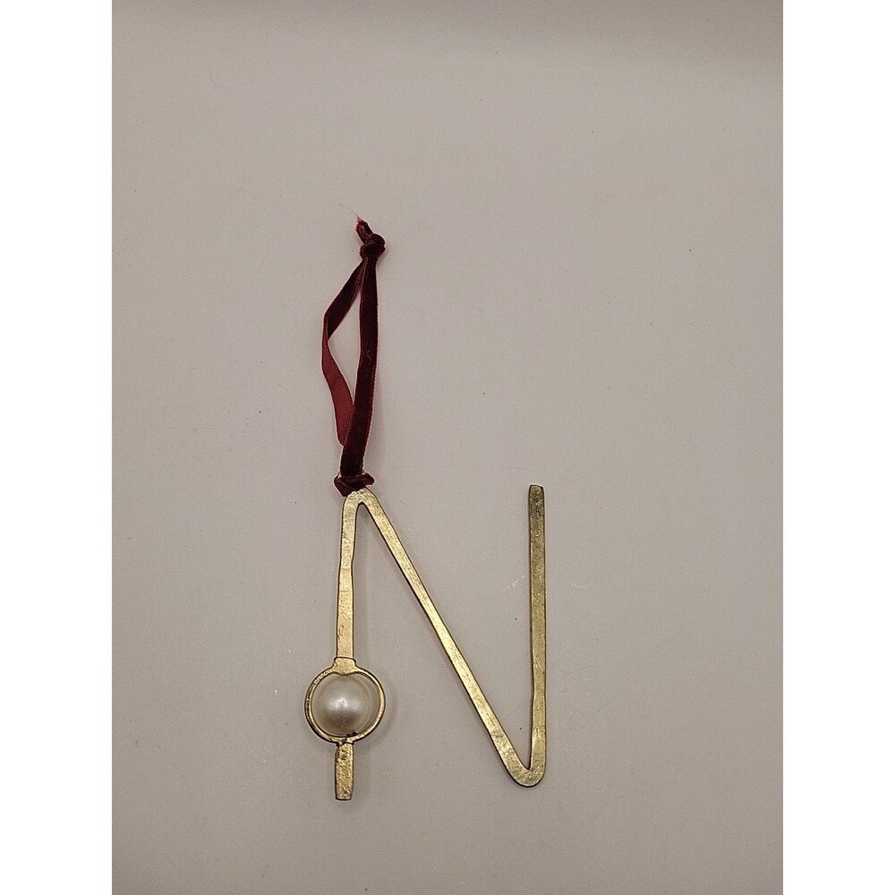 Vintage-Style Brass Letter “N” Ornament with Pearl Accent & Velvet Hanging...